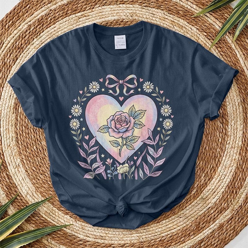 Rubbyoo Heart Of Rose Graphic Tee  - Soft Baggy  Shirt For Women  | Exquisite Pink Floral Print - Navy - 2XL - image 6