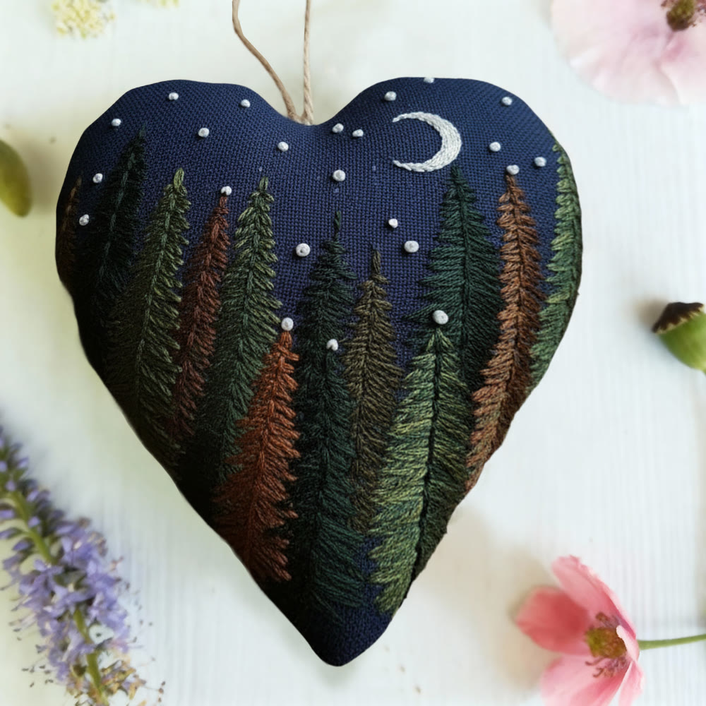 Rubbyoo Heart Embroidery Kit - Midnight Forest | Rustic Embroidered Handicraft | Healing Landscape Bag Charm - image 5