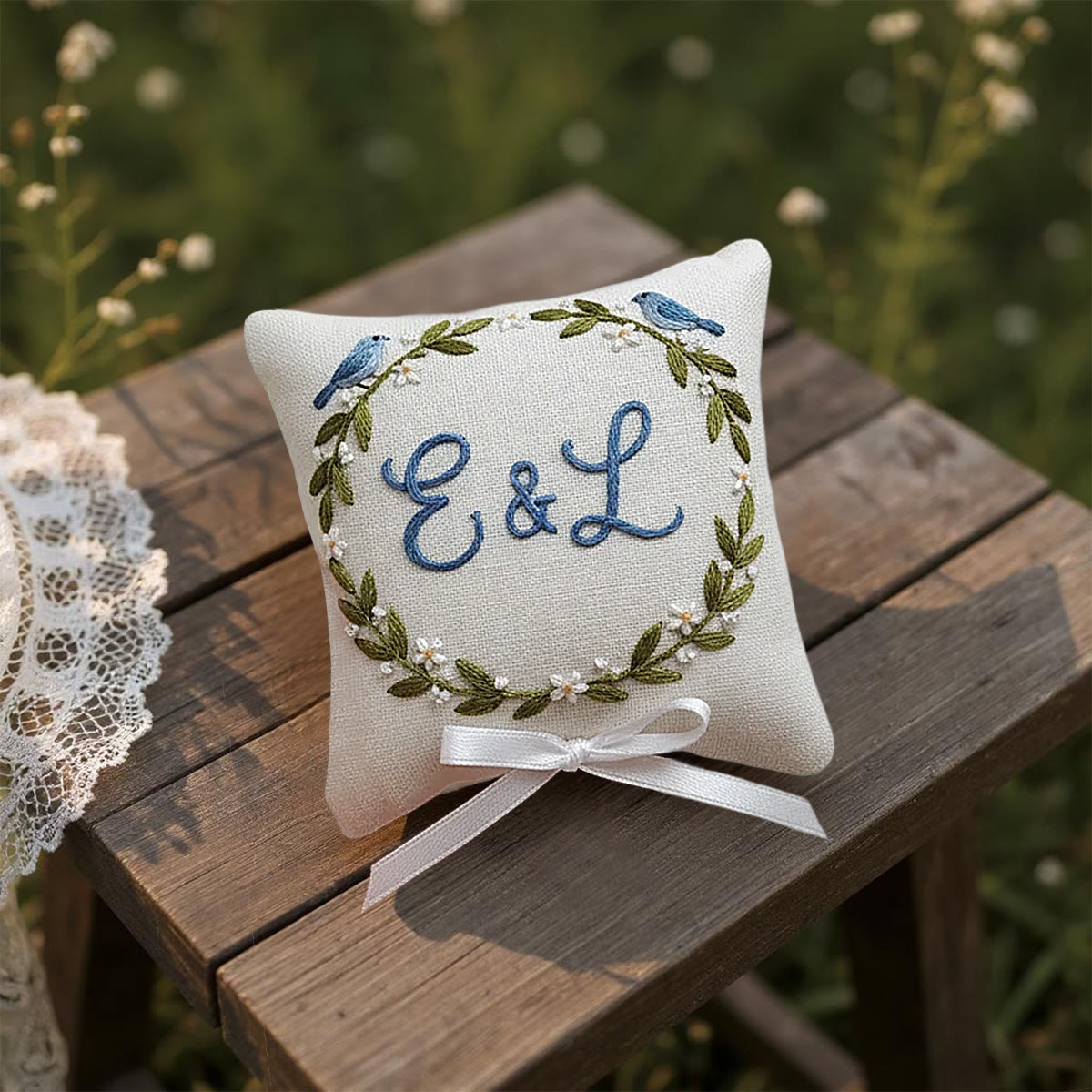 Rubbyoo Personalized Ring Bearer Pillow Embroidery Kit - Blue Birds Initials-adorned Wreath | Exquisite Decor Piece | Anniversary Gifting - image 6