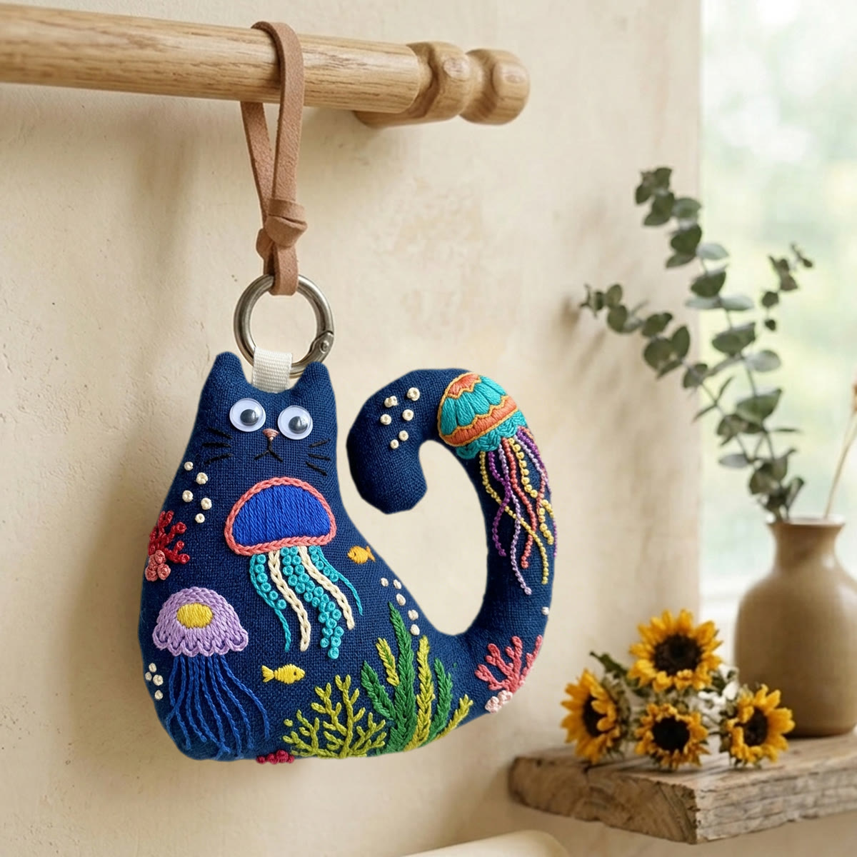 Rubbyoo Cat Embroidery Kit - Colorful Jellyfish And Seaweed | Diy Hand-stitched Gift | Coastal Beach Bag Accessory - image 3