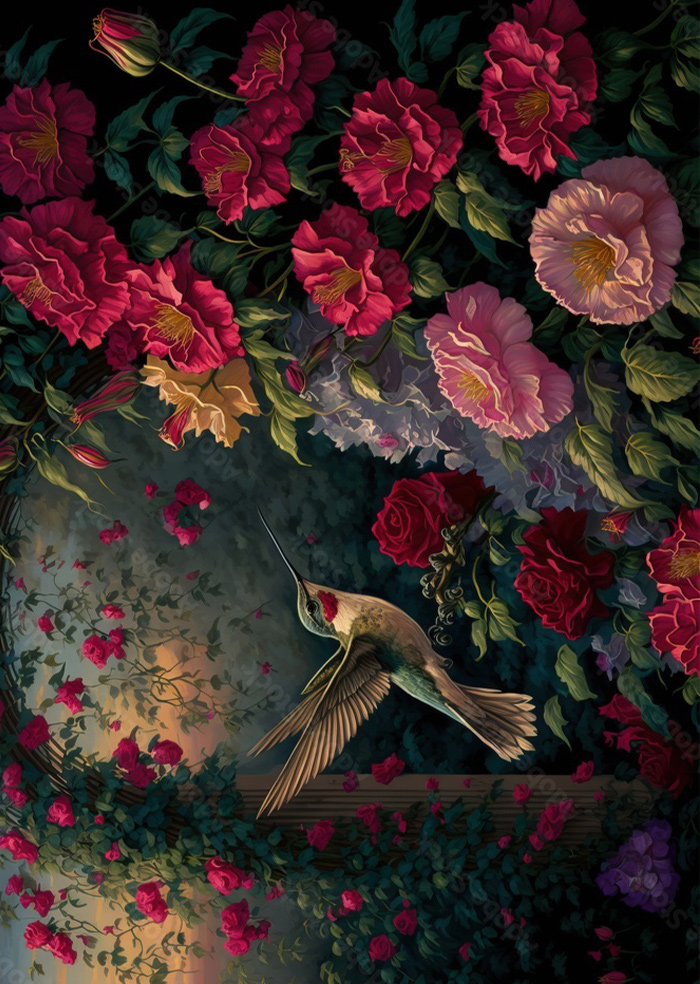 Hummingbird and roses scenery - Wooden Jigsaw Puzzle