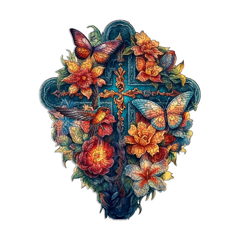 Flower And Bird Cross - Wooden Jigsaw Puzzles