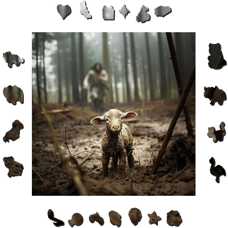 Jesus runs towards a lost lamb - Wooden Jigsaw Puzzle