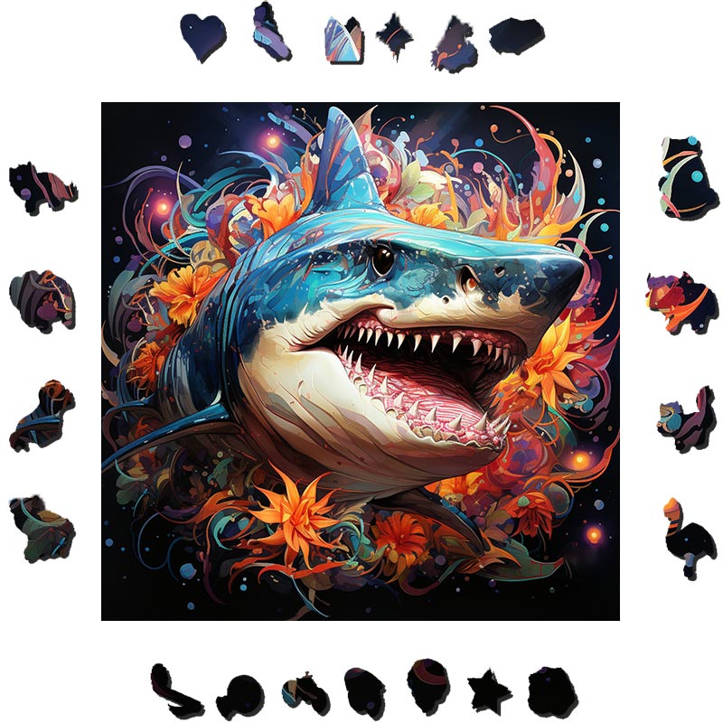 Shark Emerges From Flowers - Wooden Jigsaw Puzzle