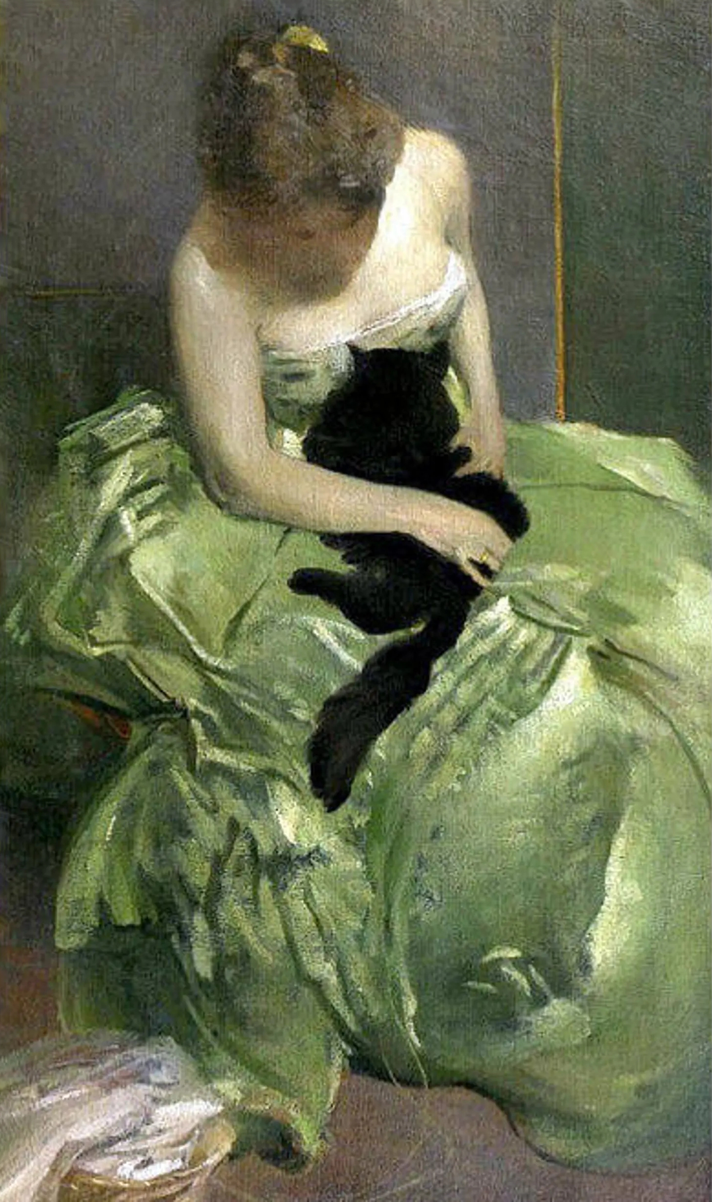Woman in Green Dress with Black Cat - Wooden Jigsaw Puzzle