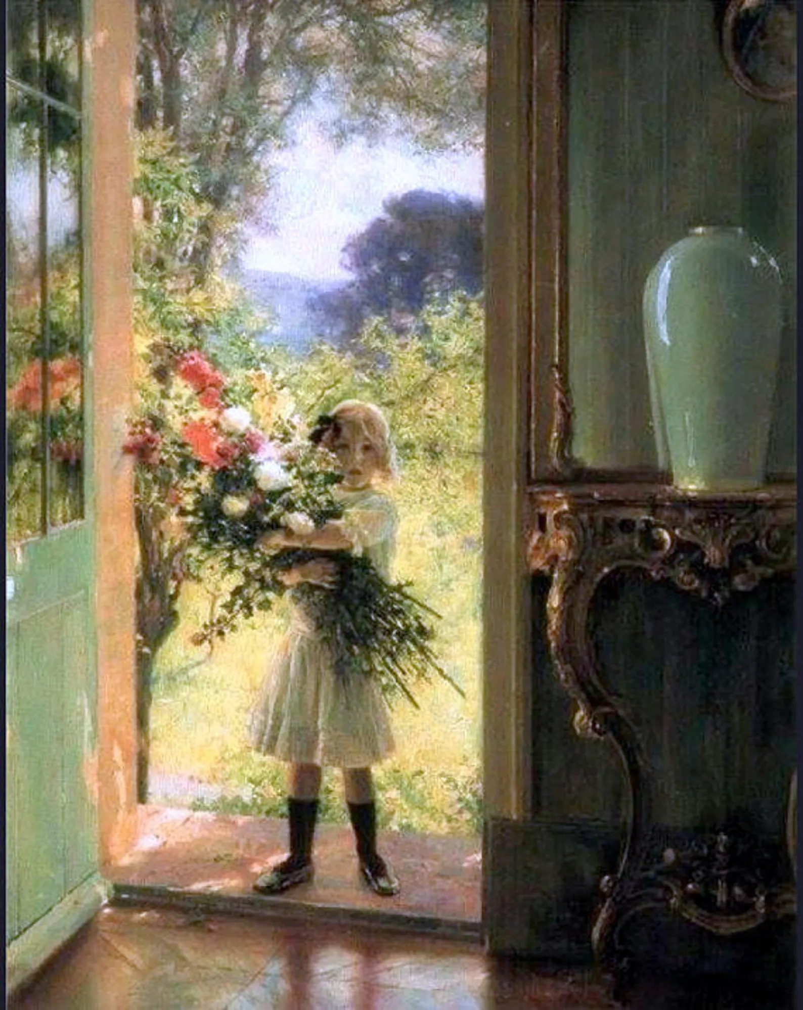 Little girl with huge bouquet - Wooden Jigsaw Puzzle