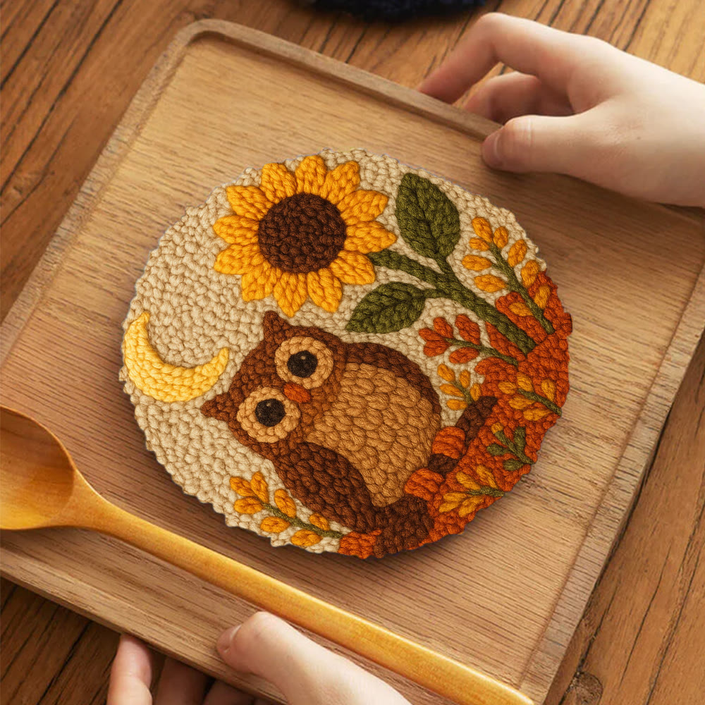 Autumn Owl Sunflower Punch Needle Kit - Gift For Diy Enthusiasts | Cozy Home Decor  - 5 inch Coaster Kit - image 12
