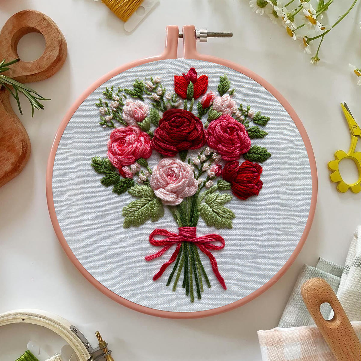 Rubbyoo Embroidery Kit - Crimson and Blush Rose Bouquet Tied | Prime Gifting Selection | Considerate Handcrafted Embroidery - image 5