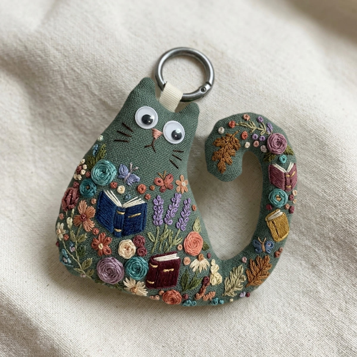 Rubbyoo Cat Embroidery Kit - Woodland Library Theme | Gift For Cat Lovers | Unique Artisan Backpack Charm - image 6
