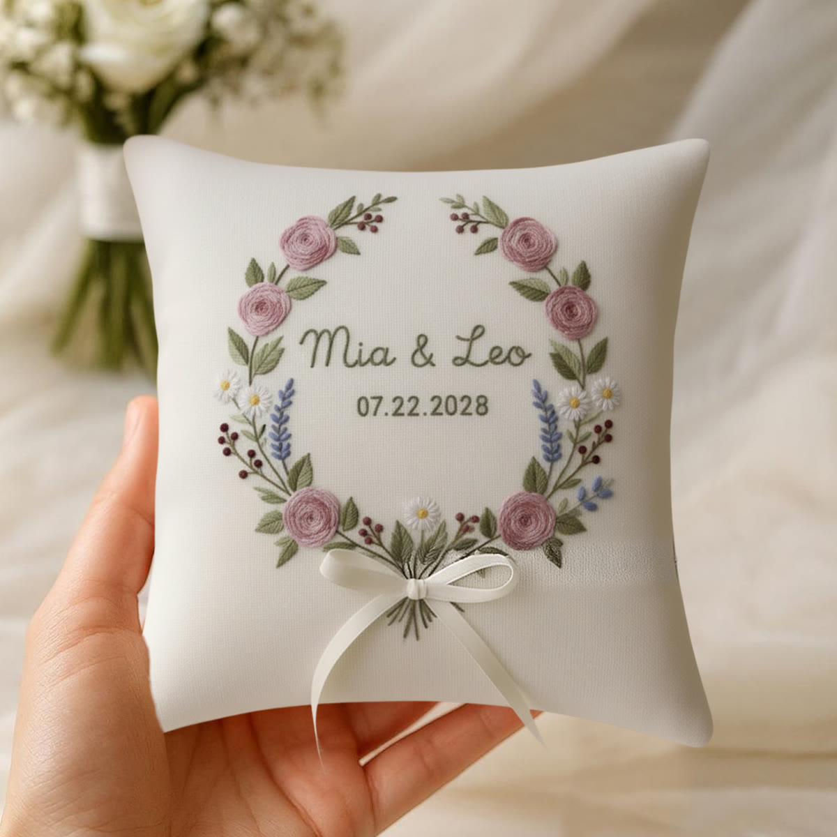 Rubbyoo Personalized Ring Bearer Pillow Embroidery Kit - Pink Rose Wreath With Text  | Beginner Diy Holding Rings | Anniversary Gifts - image 8