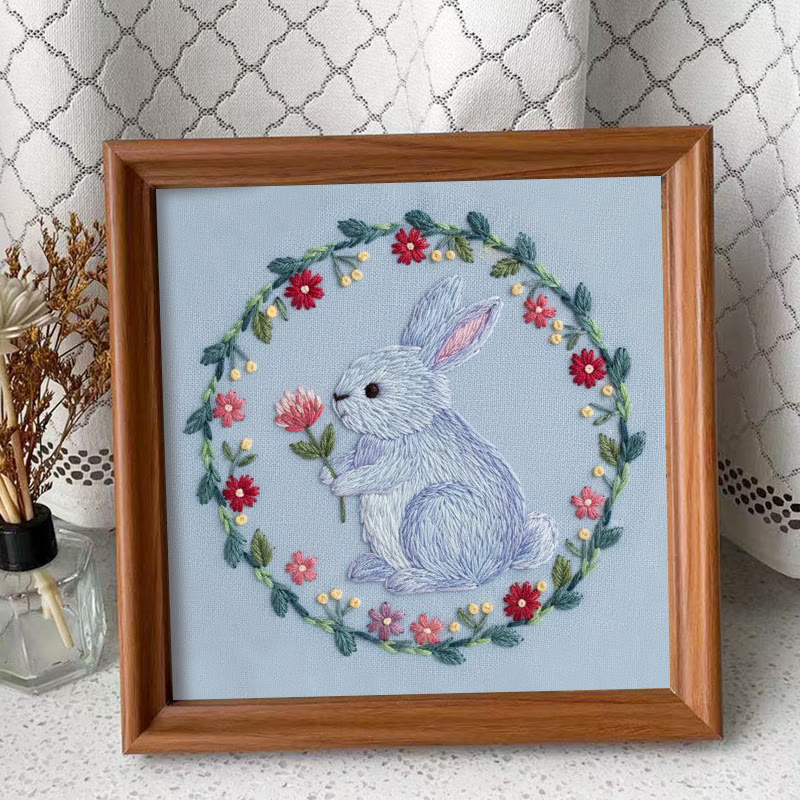 Rubbyoo Embroidery Kit - Bunny With Flower And Wreath | Cheerful Diy | Charming Home Touch - Embroidery Kit Plus An Extra Frame - image 4