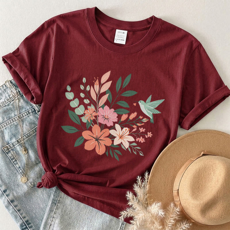 Rubbyoo Wonderful Garden  Graphic Tee  - Artistic  Hummingbird & Flower Pattern  | Summer Lightweight Casual Wear - image 17
