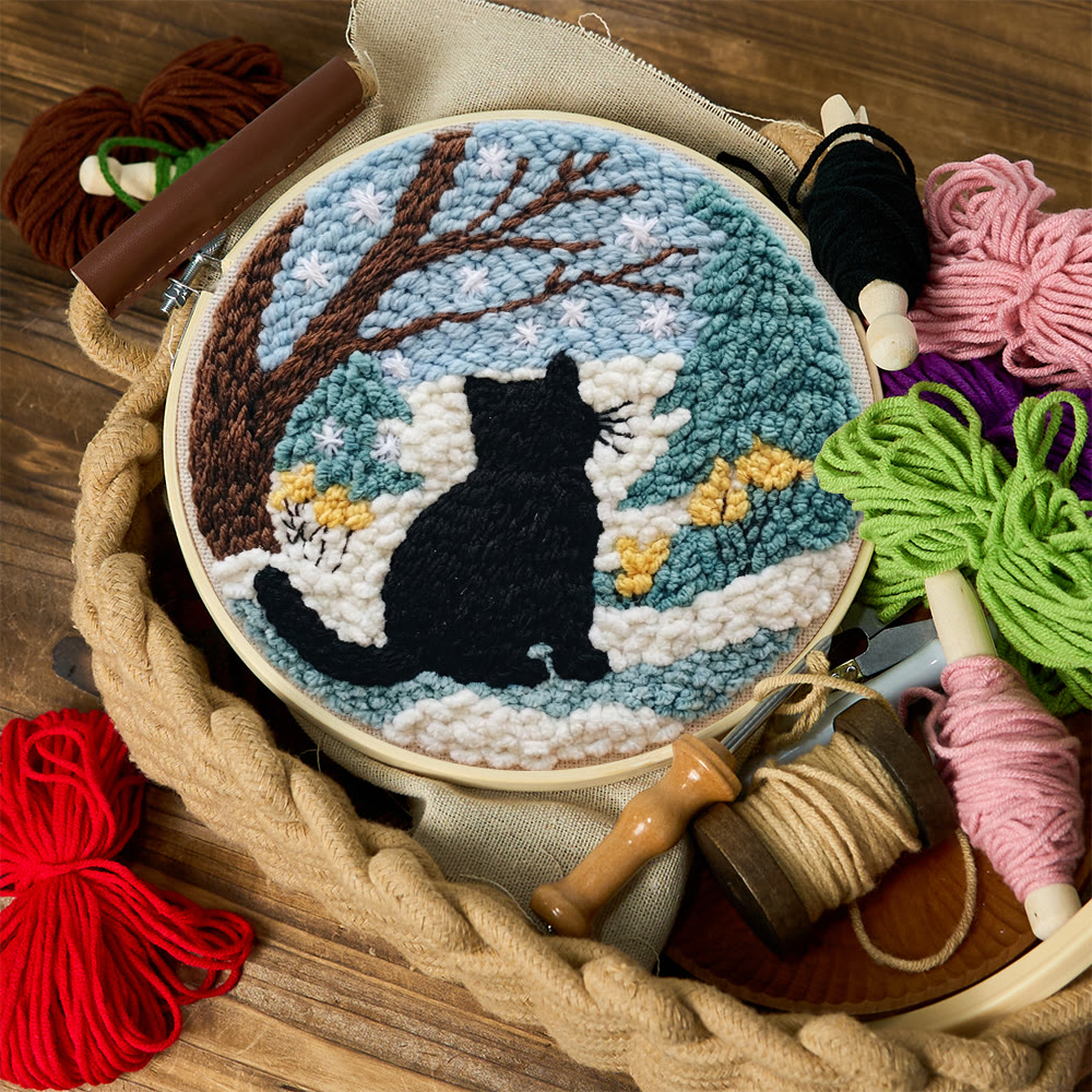 Snowy Winter Black Cat Punch Needle Kit – Starter Hoop Craft | Wintry Home Accent - image 11