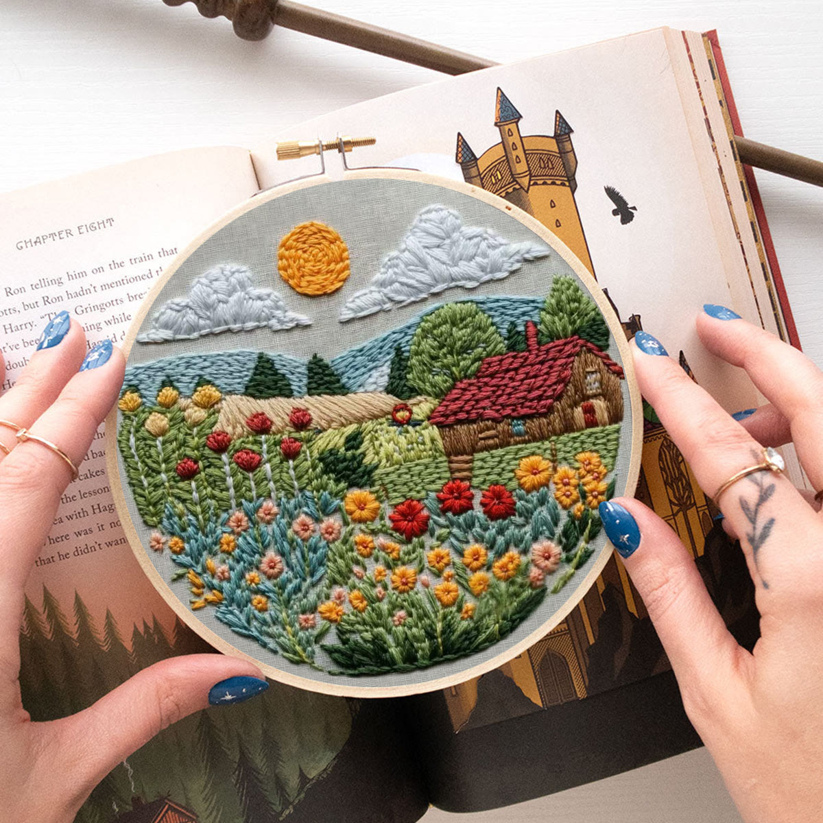 Rubbyoo Embroidery Kit - Sunlit Flower Field Cottage | Vibrant Indoor Wall Accent | Top Gifting Option - image 6