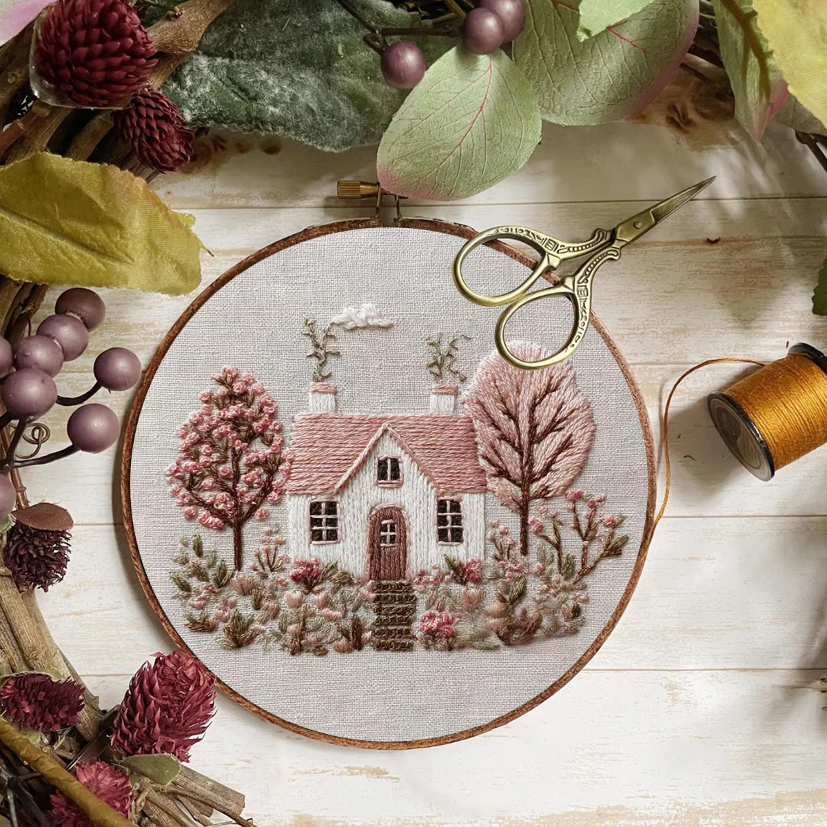 Rubbyoo Embroidery Kit - Pastel Cottage Scene | Cozy Wall Ornament | Newbie-suitable Handmade - image 7