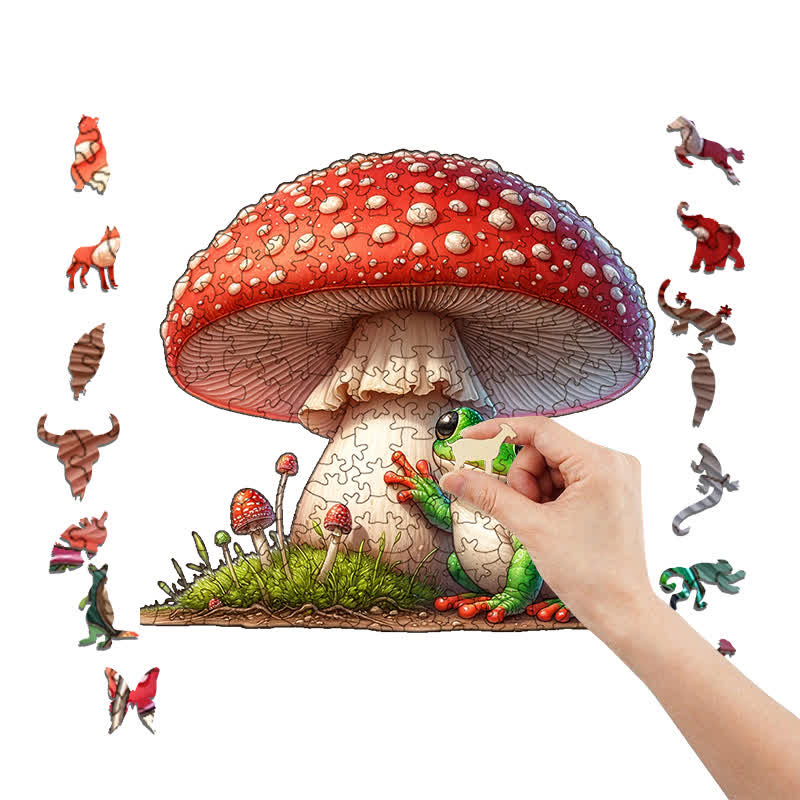 A frog sitting on a mushroom - Wooden Jigsaw Puzzle