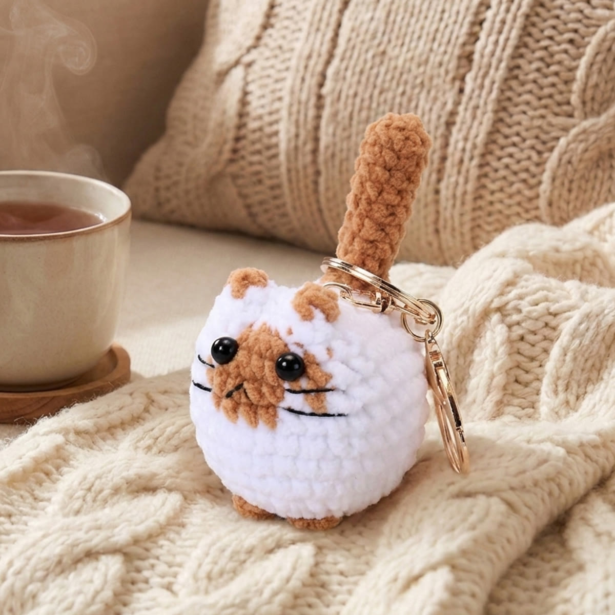 Rubbyoo Adorable Cat Bag Charm - Cute Knitted Keychain | Thoughtful Gift For Kids - Khaki - image 6