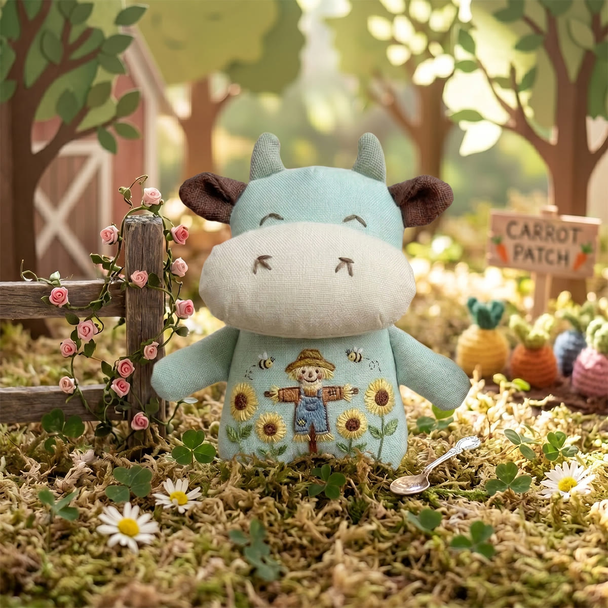 Rubbyoo Stuffed Cow Embroidery Kit | Scarecrow Cartoon Sewing Motif | Special Colorful Ornament - Mint Green - image 2