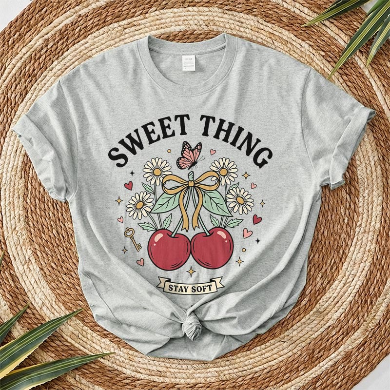 Rubbyoo Sweet Cheery Graphic Tee  - Perfect For Dating Outfit | Hand-drawn Style Cherry Graphic - Light Gray - 2XL - image 11