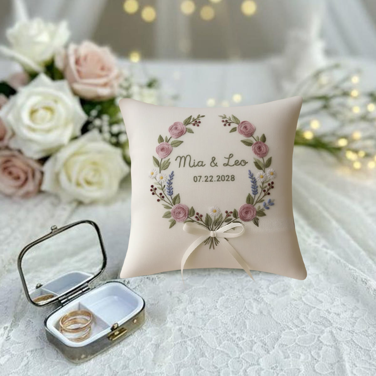 Rubbyoo Personalized Ring Bearer Pillow Embroidery Kit - Pink Rose Wreath With Text  | Beginner Diy Holding Rings | Anniversary Gifts - image 4
