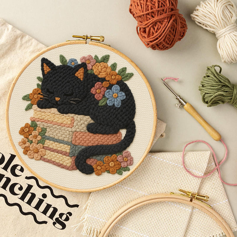 Sleeping Cat Punch Needle Kit - Helloween Decorative Craft | Diy Animal Artwork - image 3