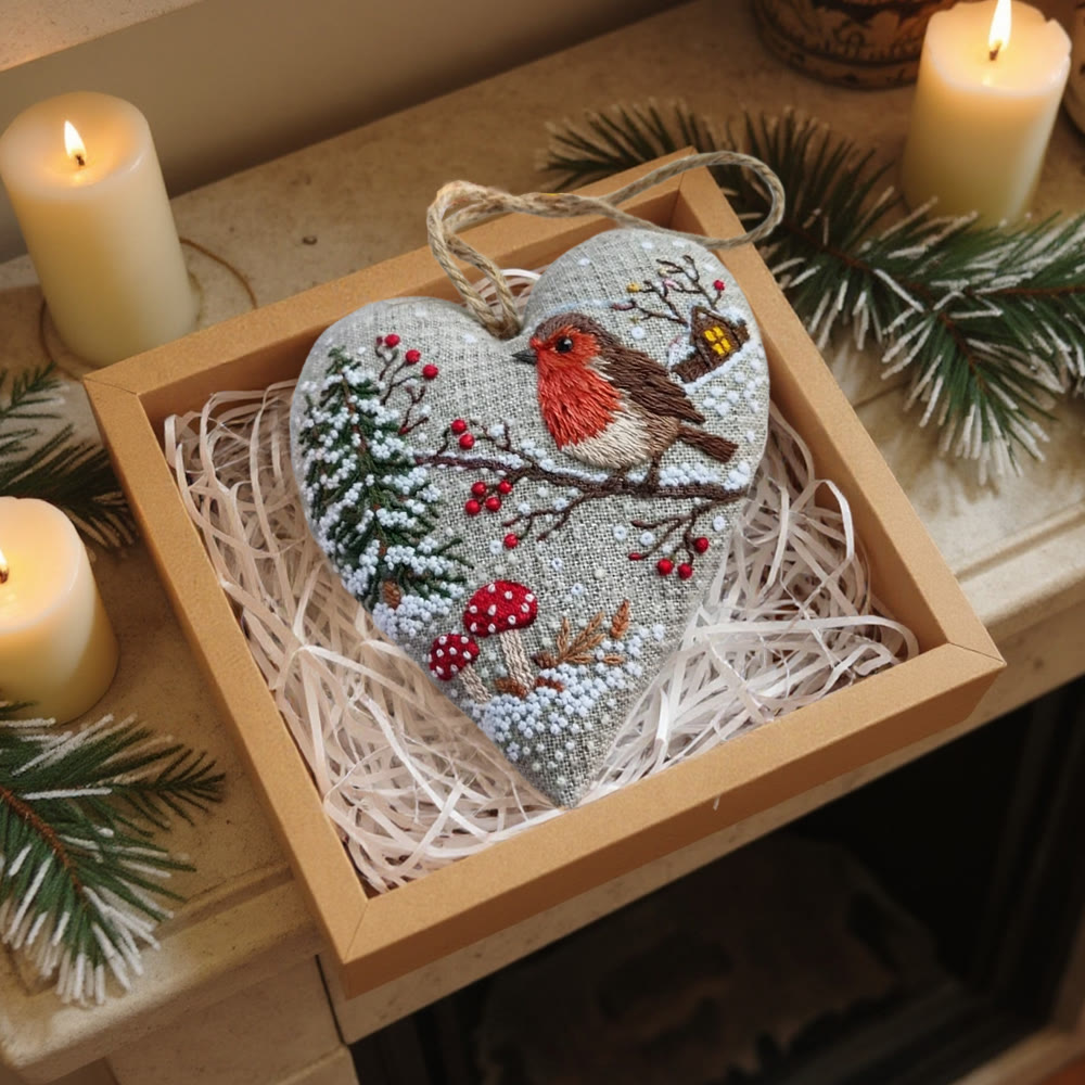 Rubbyoo Heart Embroidery Kit - Winter Robin With Snow | Cozy Handstitched Diy | Warm Seasonal Decor Pendant - image 7