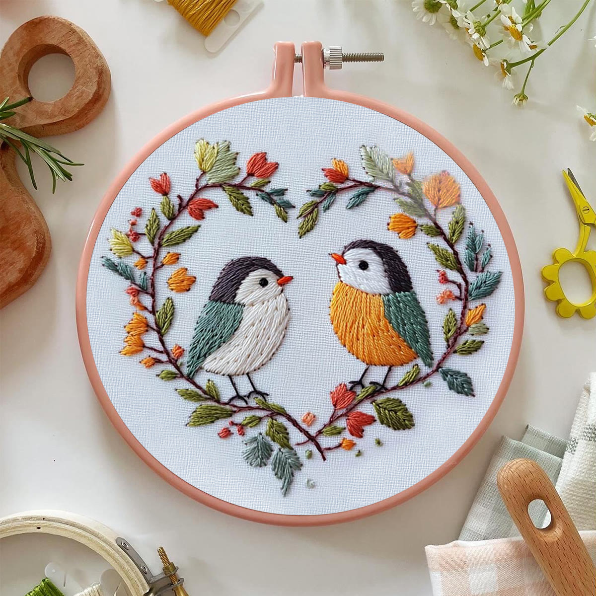 Rubbyoo Embroidery Kit - Two Birds In Heart Branch Wreath | Freshman-friendly Diy | Entry-level Handcraft - image 6