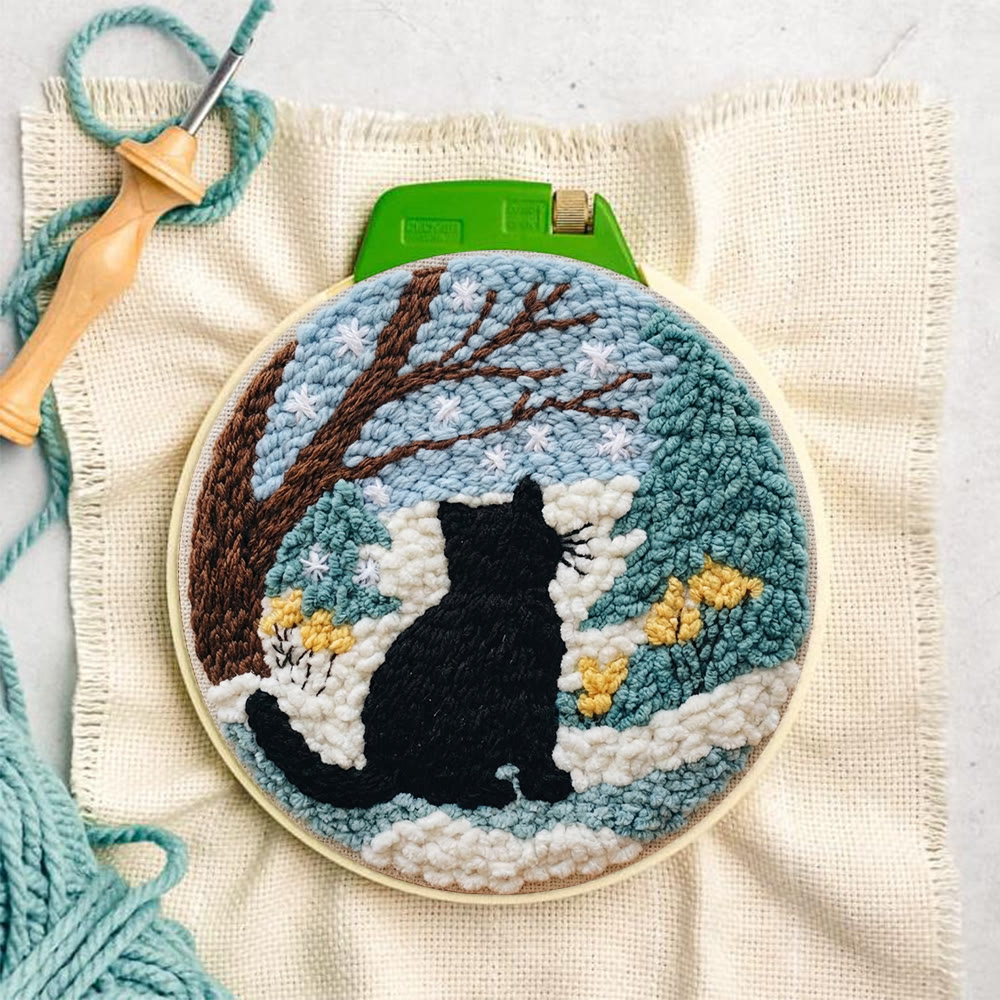 Snowy Winter Black Cat Punch Needle Kit – Starter Hoop Craft | Wintry Home Accent - image 6