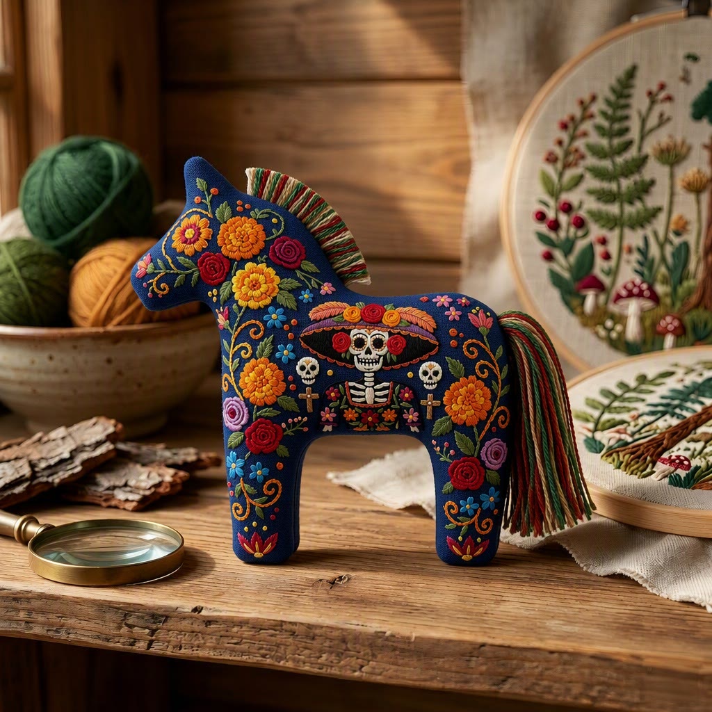 Rubbyoo Dala Horse Embroidery Kit - Vibrant Floral Sugar Skull | Ideal Day Of The Dead Party Decor | Unique Gift For Folk Art Lovers - image 4