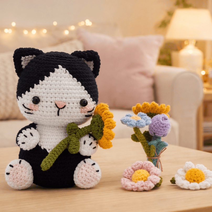 Diy Handmade Adorable Kittens Crochet Kit - Animal Plush Toy | Perfect Gift For Cat Lovers - Black - image 2