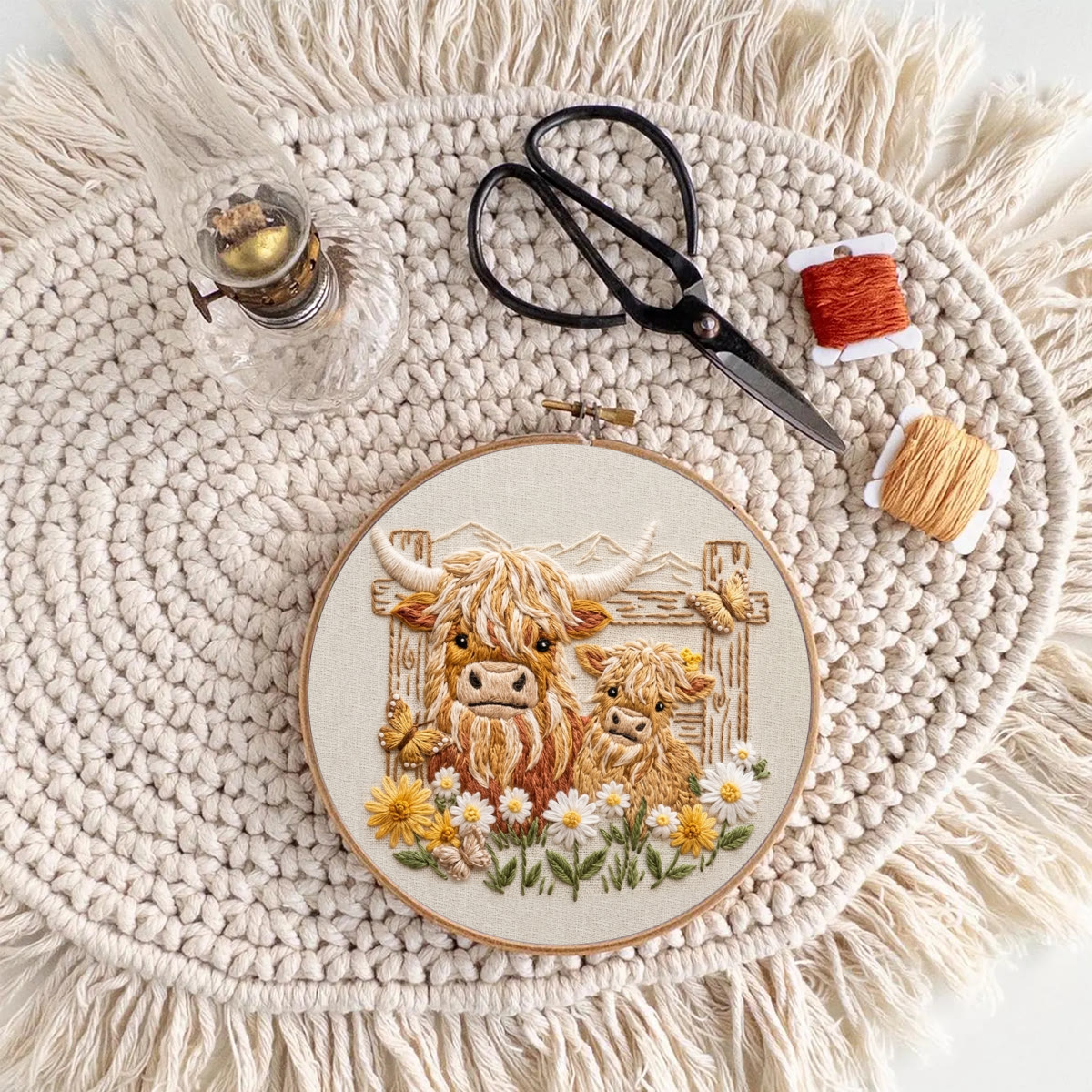 Rubbyoo Embroidery Kit - Highland Cow Pals | DIY Kit For Adults | Rustic Animal Hoop Art - image 8