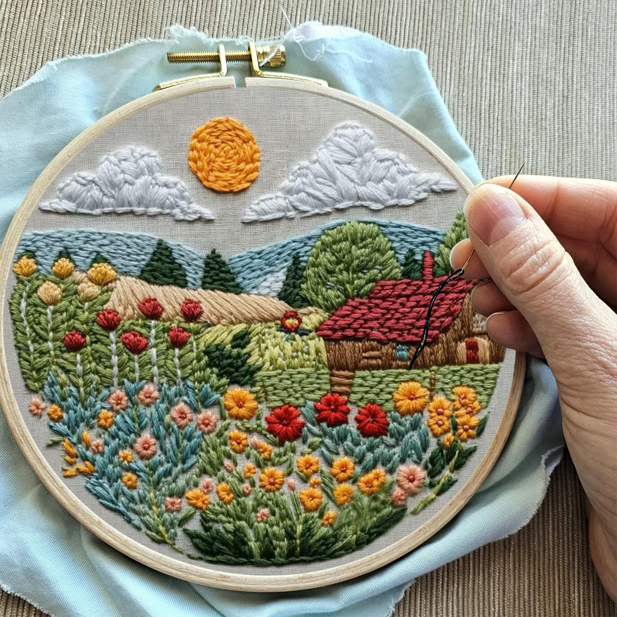 Rubbyoo Embroidery Kit - Sunlit Flower Field Cottage | Vibrant Indoor Wall Accent | Top Gifting Option - image 11