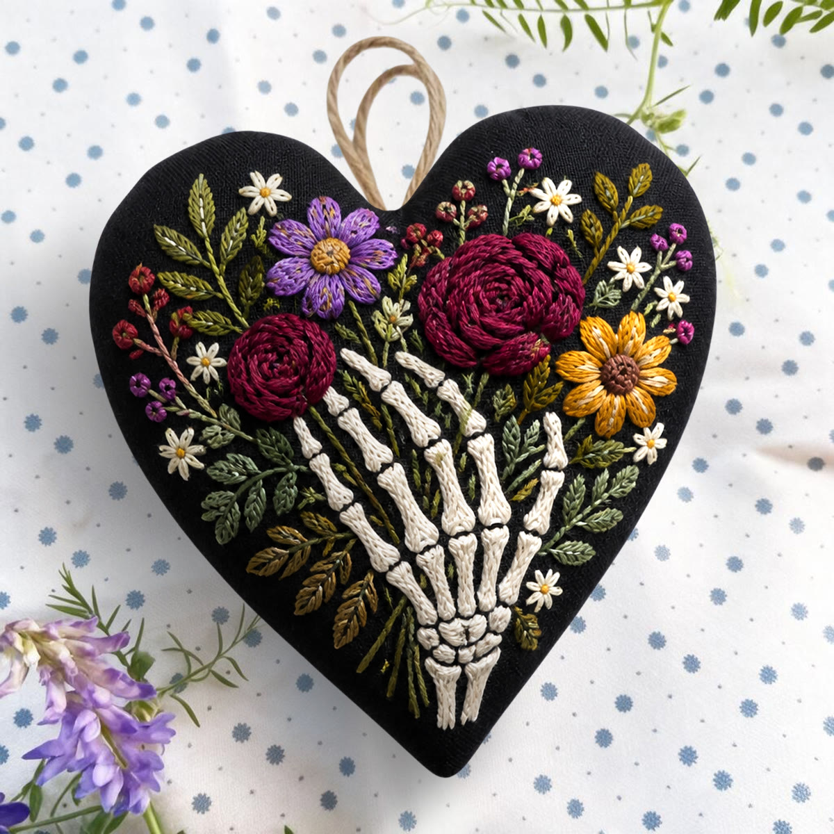 Rubbyoo Heart Embroidery Kit - Floral Skeleton Hand | Dark Romantic Botanical Art | Diy Floral Day Of The Dead Decor  - image 7