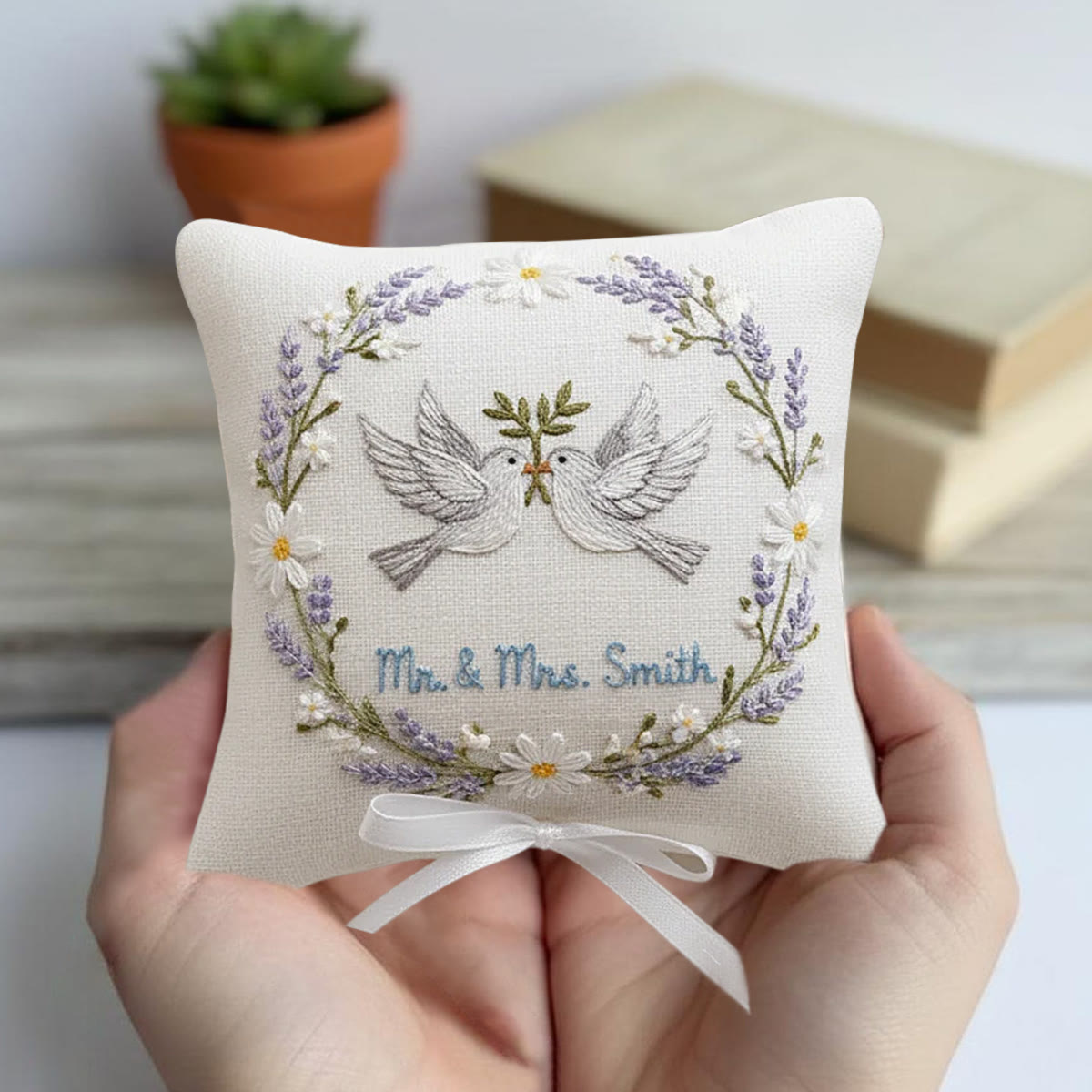 Rubbyoo Personalized Ring Bearer Pillow Embroidery Kit - White Doves Lavender Daisy Wreath | Creative Ring Pillow | Memorable Moments Gift - image 3