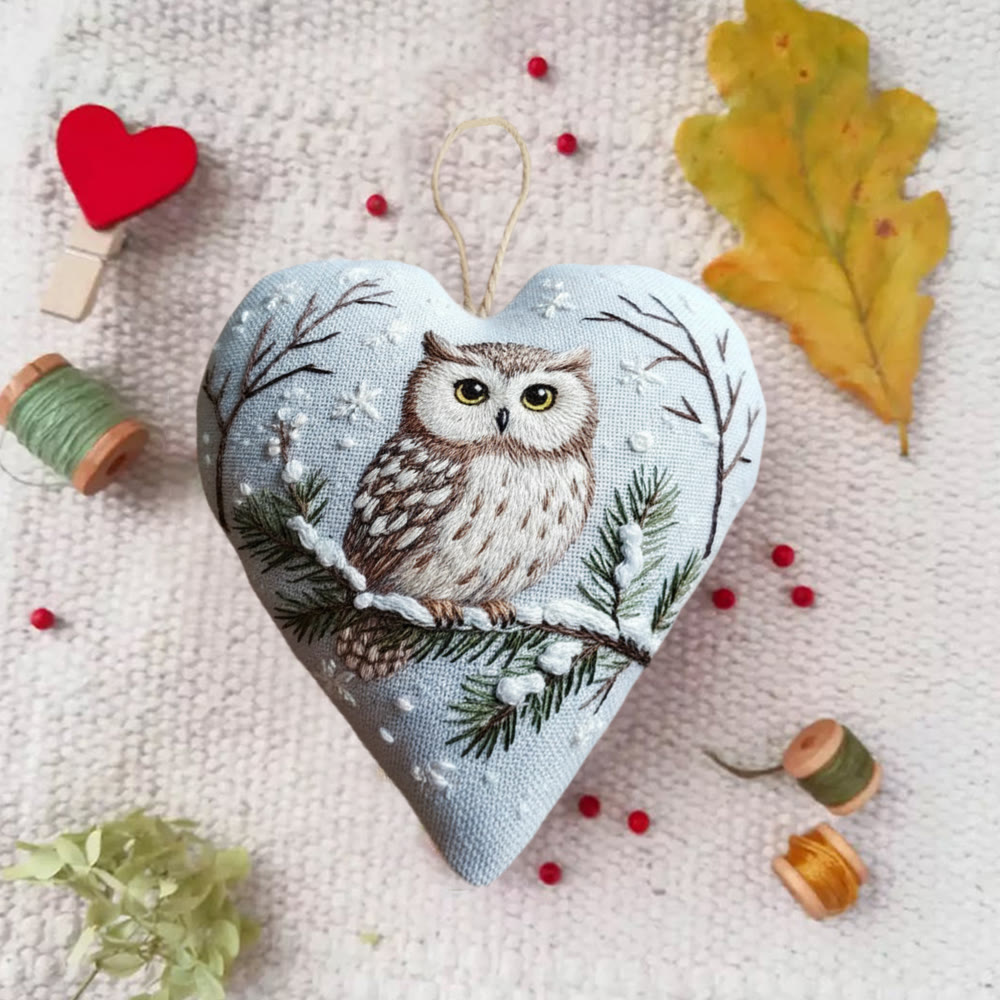 Rubbyoo Heart Embroidery Kit - Snowy Owl Pine Branch | Easy DIY Starter Kit | Festive Winter Home Piece - image 6