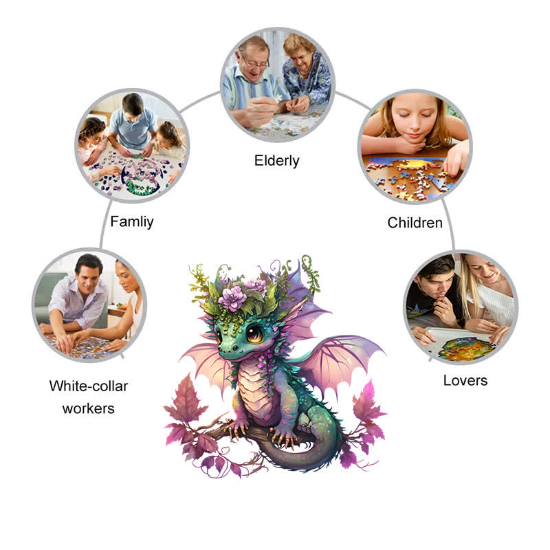 Rubbyoo Adorable Little Baby Dragon And Flowers - Wooden Jigsaw Puzzle