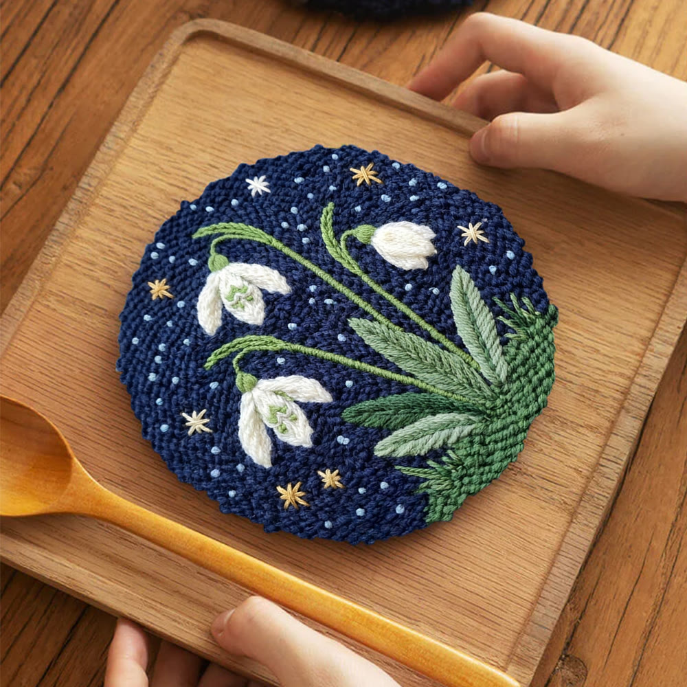 Snowdrop Flower Punch Needle Kit - Starry Night Wall Decor | Beginner Diy Needlecraft - 5 inch Coaster Kit - image 11