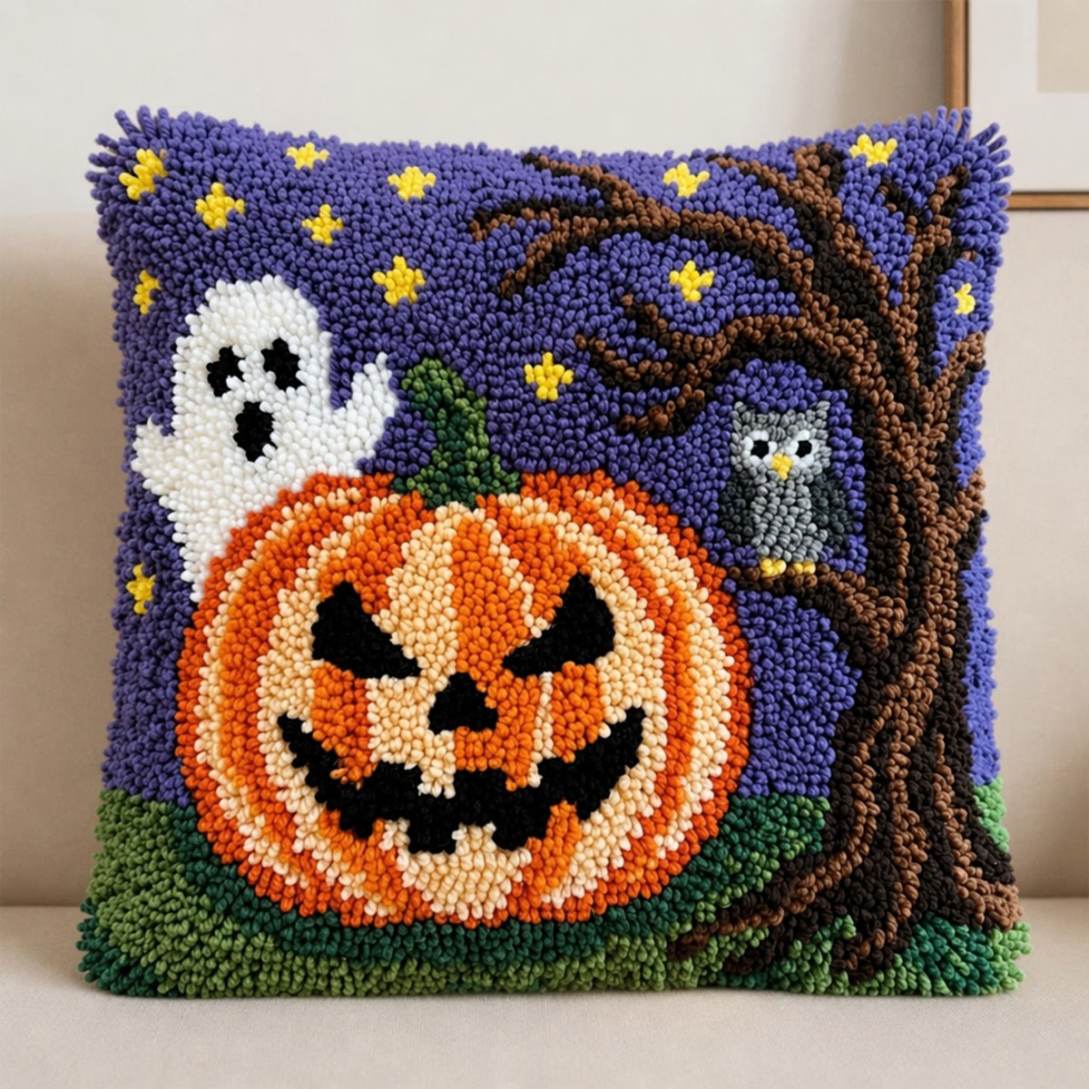 Rubbyoo Latch Hook Pillow Kit - Ghost With Pumpkin | Spooky Home Party Decorations | Diy Halloween Pillow Cover - image 6