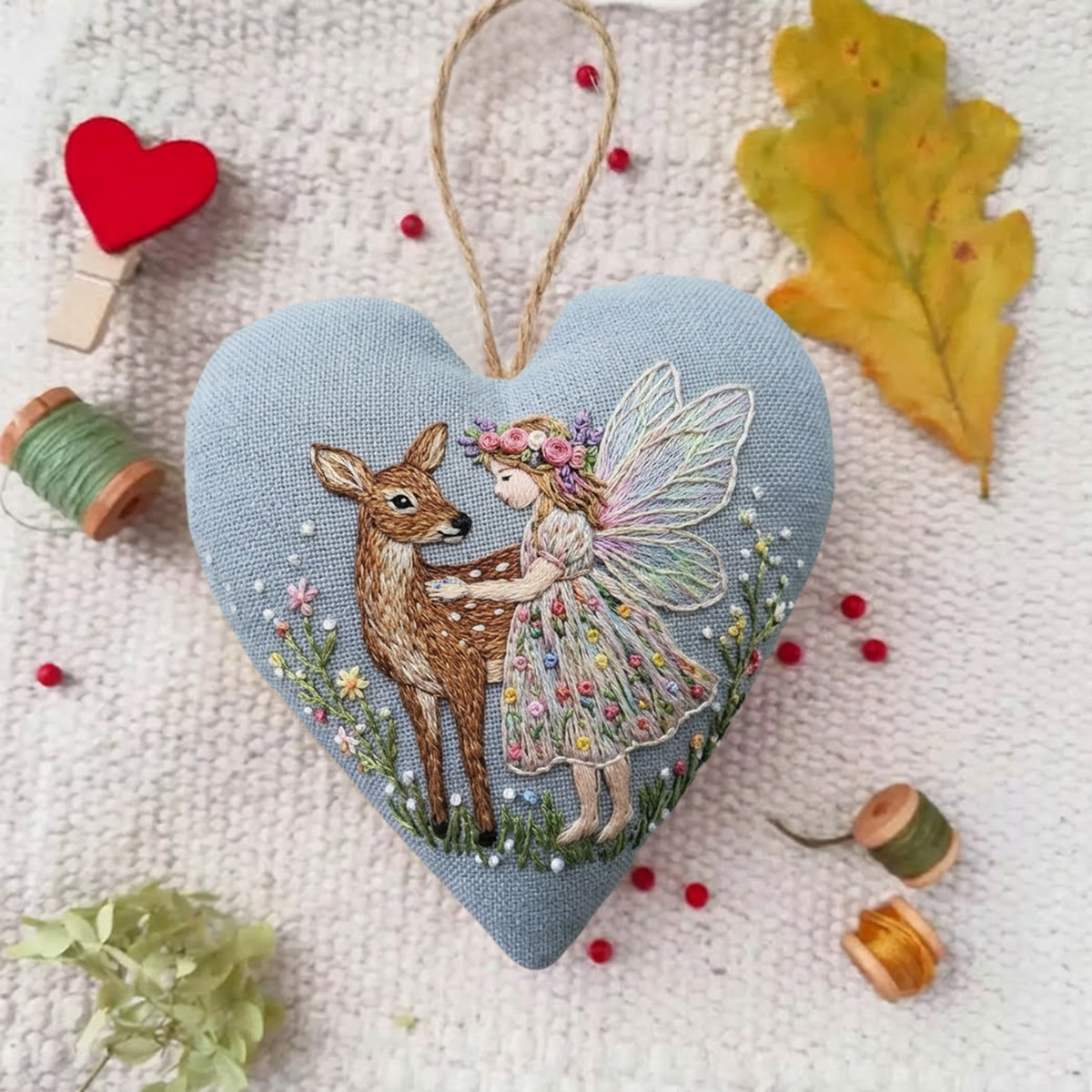 Rubbyoo Heart Embroidery Kit - Angel & Deer | Fairy-tale-inspired Present For Her | Cozy Blue Wall Hanging - image 7