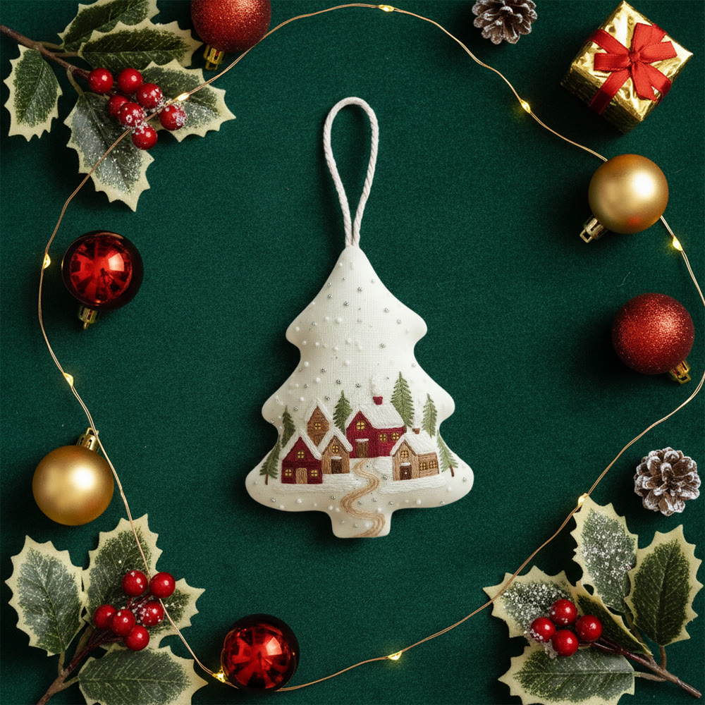 Rubbyoo Tree-shaped Embroidery Kit - Snowy Town | Winter Needle Art | Christmas Tree Ornament - image 9