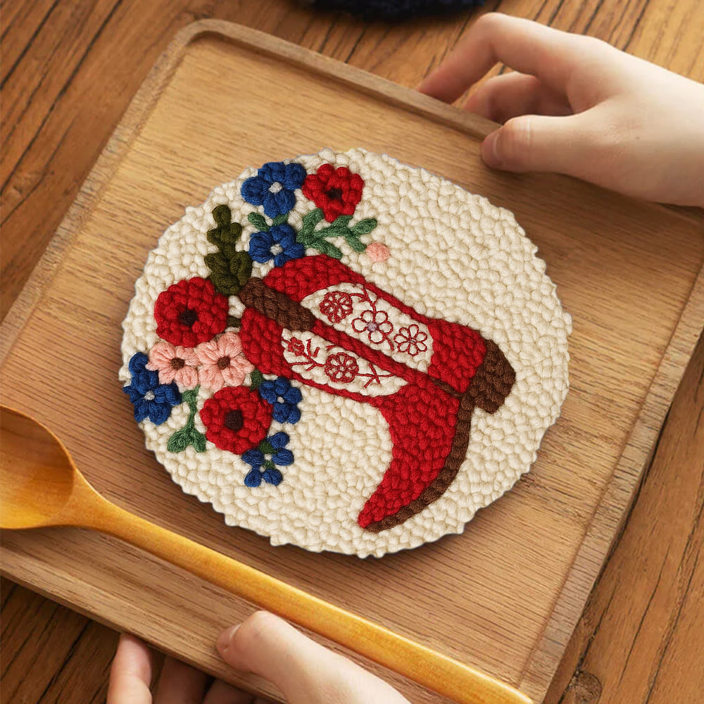 Floral Red Cowboy Boot Punch Needle Kit – Beginner Starter Handcraft | Room Decor Accent - 5 inch Coaster Kit - image 4