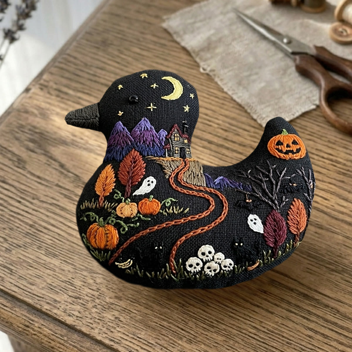 Rubbyoo Duck Embroidery Kit - Spooky Haunted House And Pumpkin Scene | Witchy Gift Ideas | Gothic Bag Charm - image 6