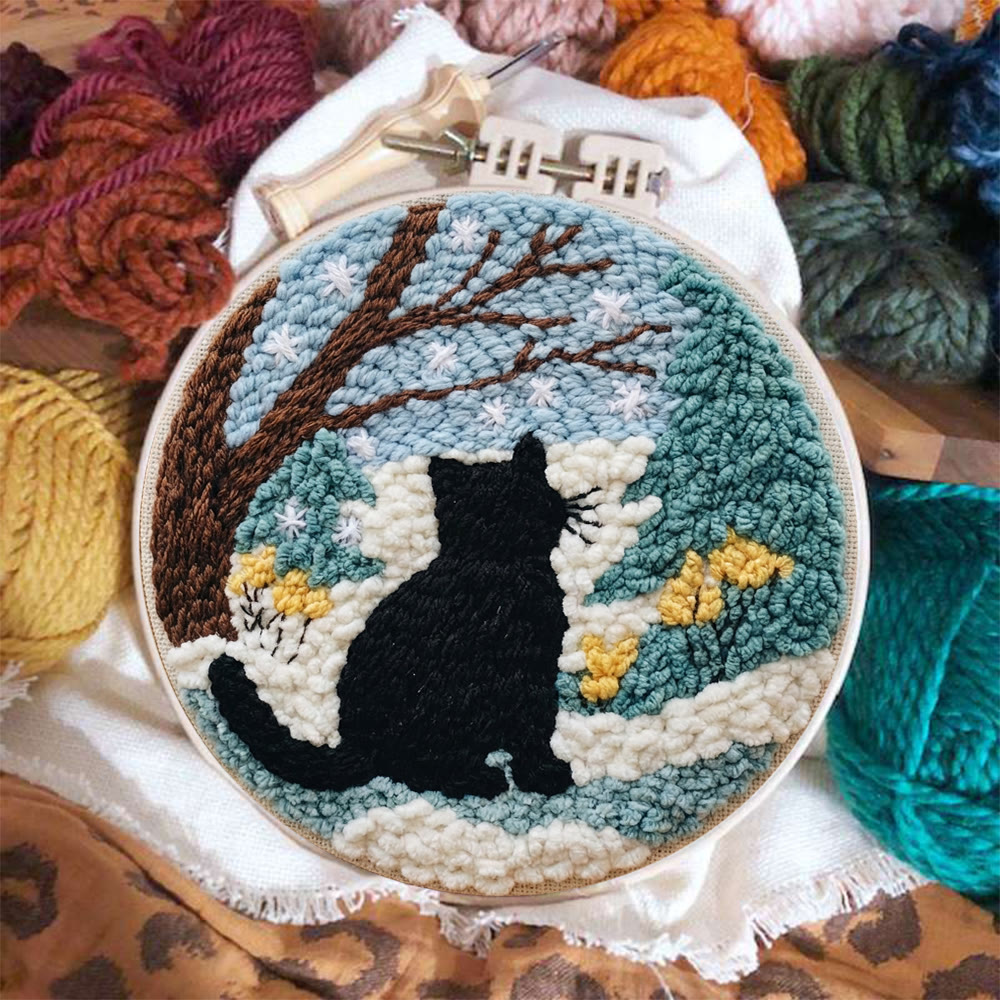 Snowy Winter Black Cat Punch Needle Kit – Starter Hoop Craft | Wintry Home Accent - image 7