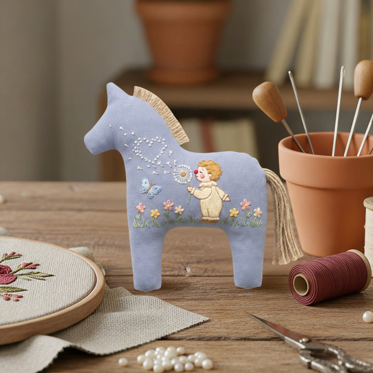 Rubbyoo Dala Horse Embroidery Kit - Cute Angel And Blowing Dandelion | Handmade Gift For Kids | Nursery Room Wall Hanging - image 7