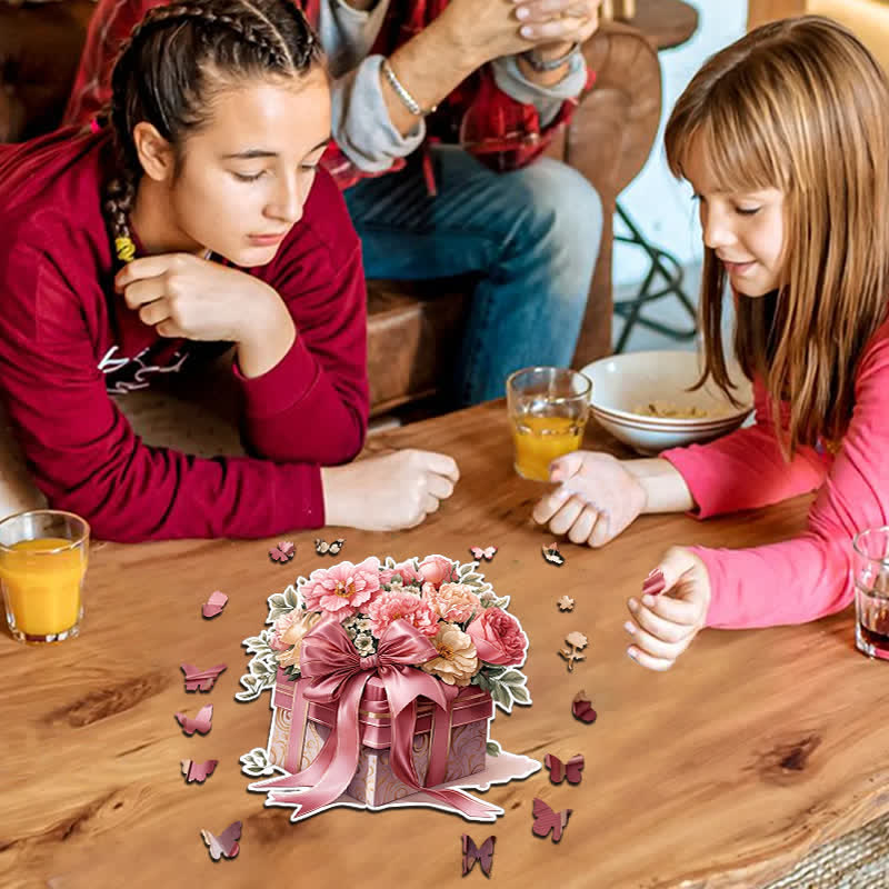 Pink Gift Box Flowers - Wooden Jigsaw Puzzle