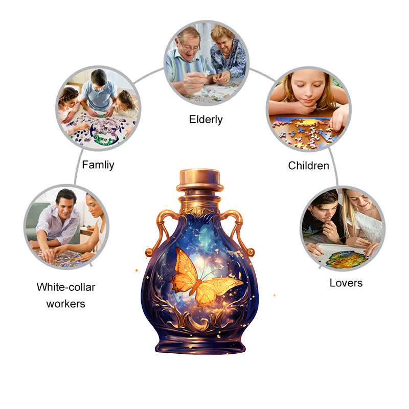 Golden butterfly flying in glass bottle - Wooden Jigsaw Puzzle