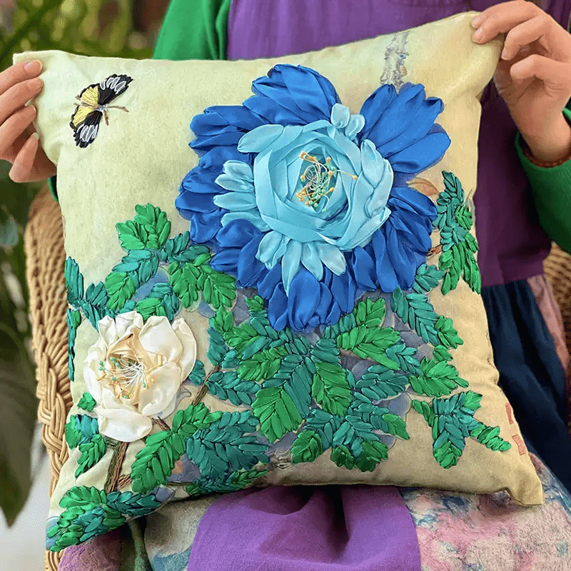 Embroidered Ribbon Floral Pillow Case Kits | Charming Handicraft For Mom | Floral Room Decoration Gifts - Blue - image 7