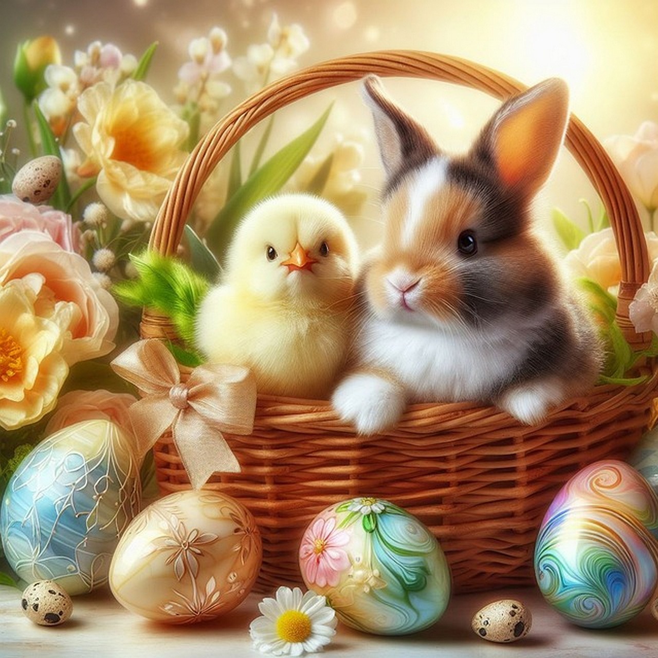 Easter bunny and chicks in flower basket - Wooden Jigsaw Puzzle