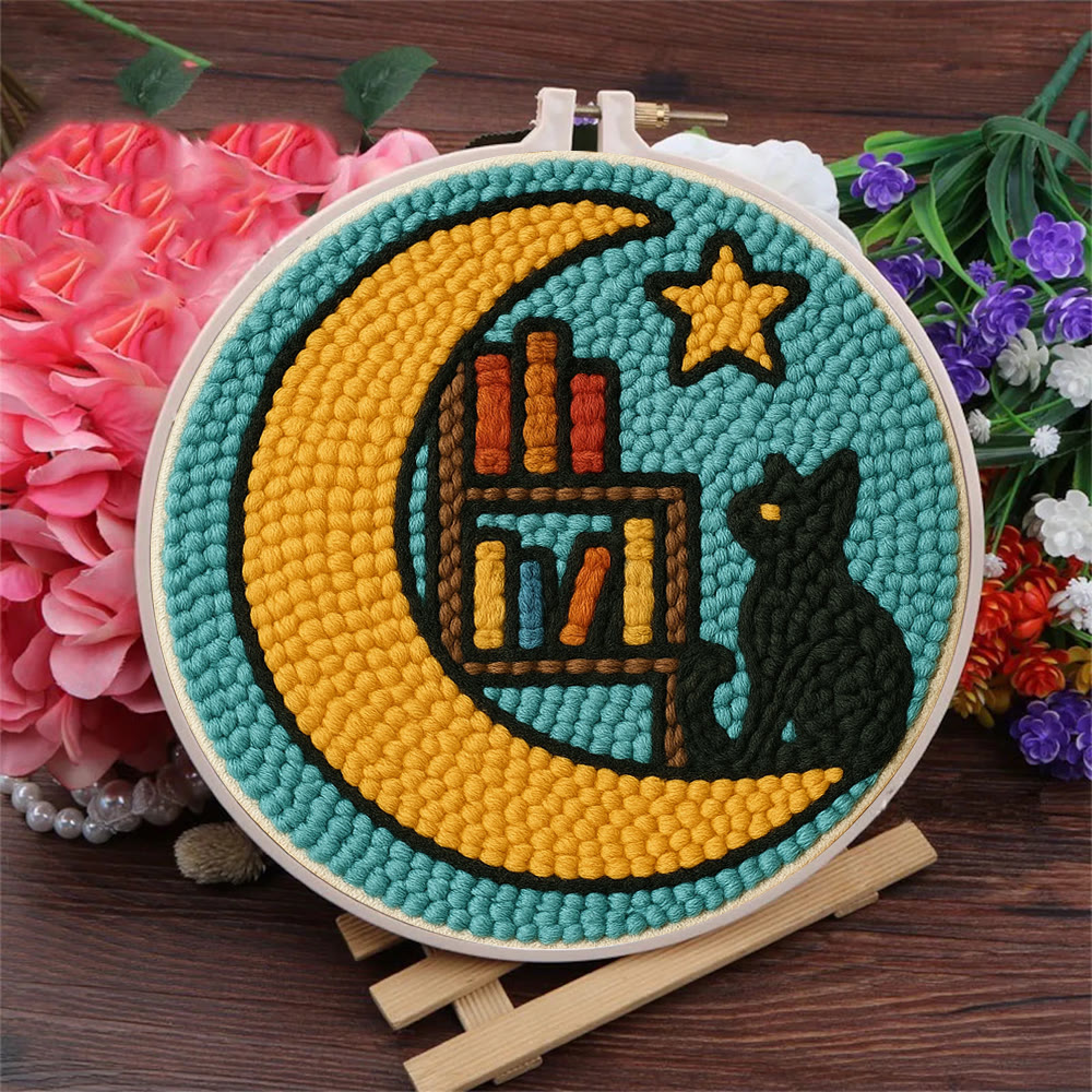 Lunar Bookshelf And Black Cat Punch Needle Kit – Effortless Handcraft Project | Atmospheric Decorative Hanger - image 6