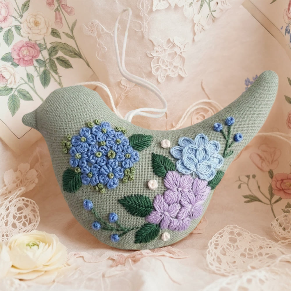 Rubbyoo Bird-shaped Embroidery Kit - Blooming Hydrangea | Diy Wedding Decoration | Hand Crafted Birds - 6 inches hoop kit - image 1